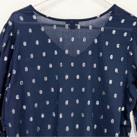 Ann Taylor Factory Navy Blue Silver Metallic Polka Dot Lightweight V Neck Blouse - Picture 9 of 15